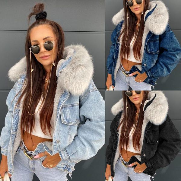 

kalenmos big fur collar thick denim jacket woman lamb hair single-breasted wild long-sleeved hooded short korean coats women, Black;brown