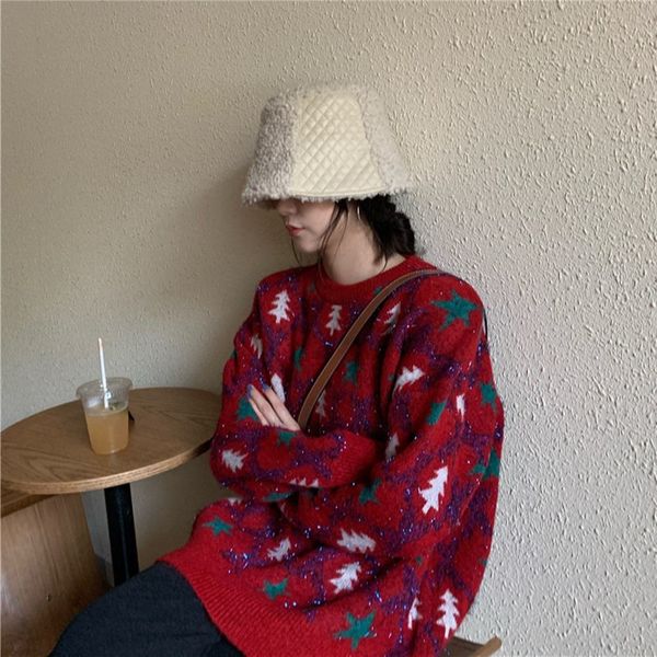 

2021 new winter o-neck sleeve christmas warm red sweater women fashion streetwear pullover 0x2h, White;black