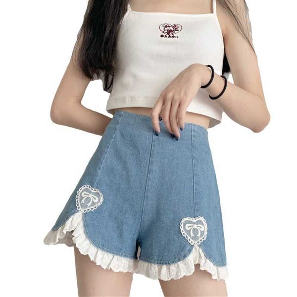 

women's shorts summer japan style soft girls denim women 2021 kawaii heart causal jeans female high waist blue cute lace wide leg, White;black