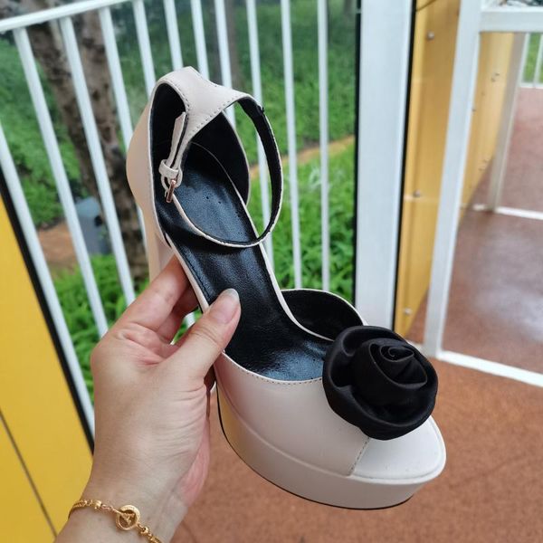 

sandals 2021 super high heels flowers decor women peep toe summer shoes genuine leather chunky 4cm platform shoe, Black