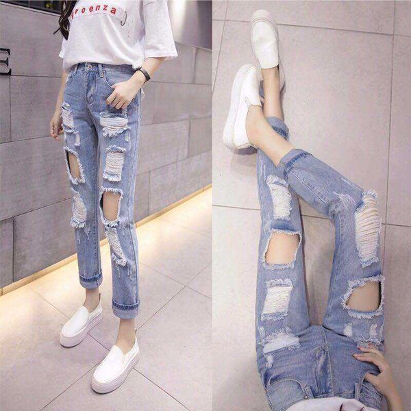

women's jumpsuits & rompers hole jeans summer high waist slim harlan -pants korean ripped woman skinny for teen girls 5jfa, Black;white