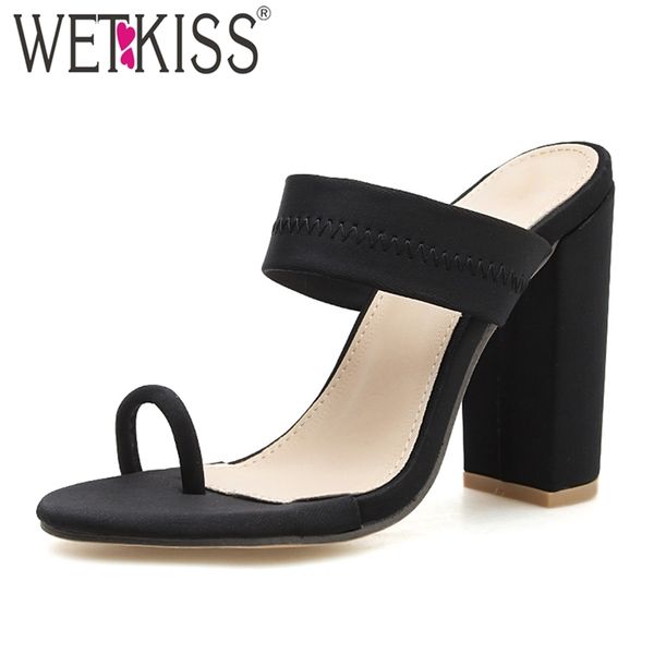 

wetkiss chunky high heel slippers women slides sandals round open toe flip flop slippers summer casual outside shoes 210630, Black