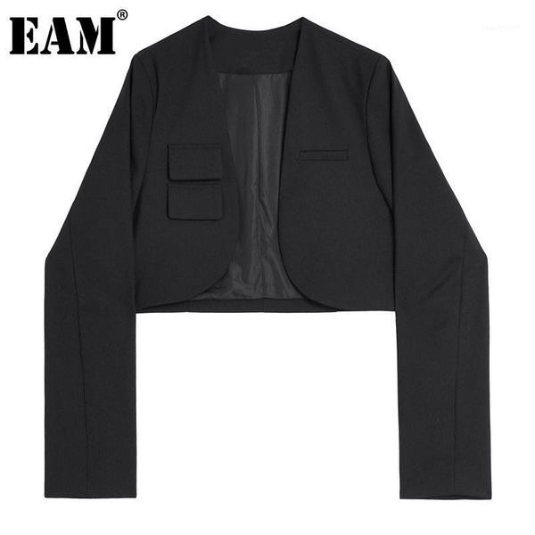 

women's suits & blazers [eam] women black pocket short casual blazer v-neck long sleeve loose fit jacket fashion tide spring autumn 202, White;black