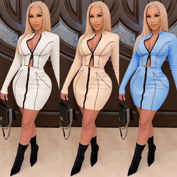 

placket zipper long sleeve mini short skirttwo piece sets for women lounge wear night club fashion streetwear, White