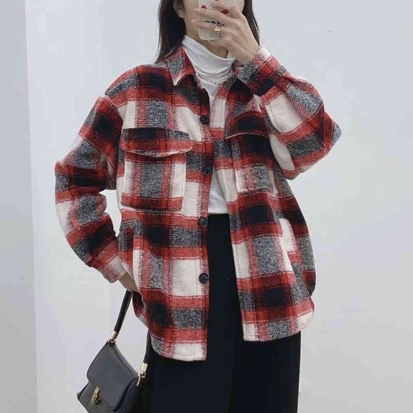 

women's jackets vintage woman red loose plaid woolen coats autumn winter fashion ladies warm pocket female casual oversized dyr0, Black;brown