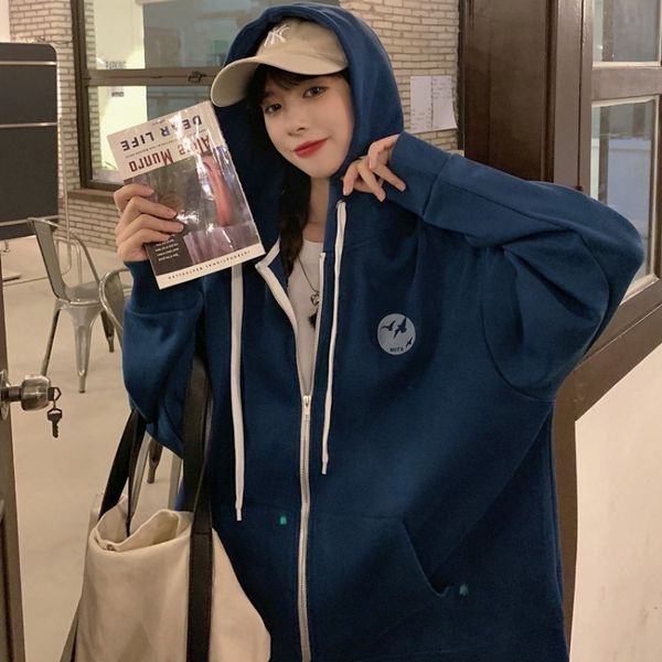 

2021 autumn and winter new sweater korean women's loose large slim embroidered hooded zipper cardigan coat, Blue;black