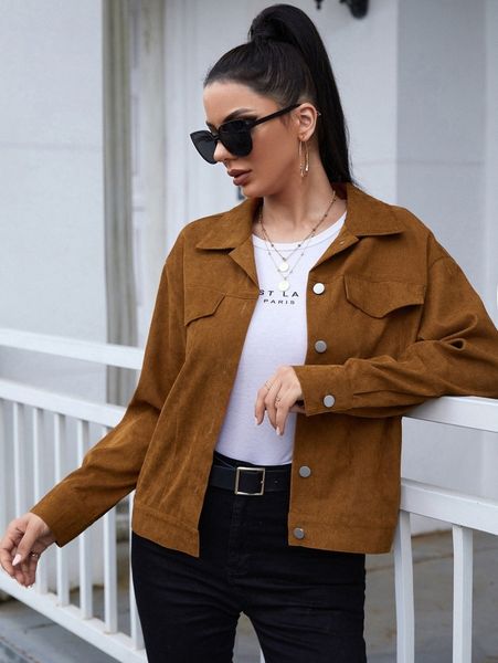 

solid button front collar neck jacket e50y#, Black;brown