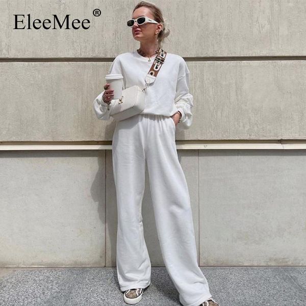 

women's two piece pants eleemee loose sets women hoodies and wide leg pocket autumn suit female solid color streetwear size s-l, White