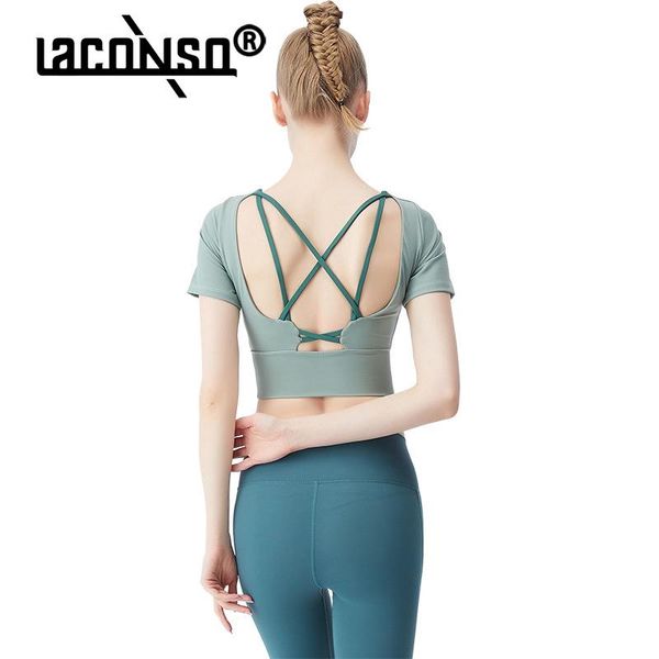 

yoga outfit laconso style short-sleeved t-shirt with chest pad and beautiful back womens wear nude sports fitness