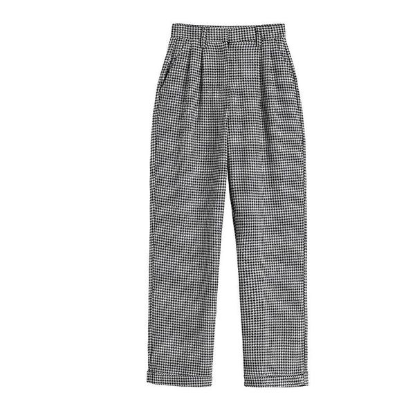 

women's pants & capris lauri laki houndstooth wide leg women plus size vintage high waist straight trousers mujer casual autumn 2021, Black;white