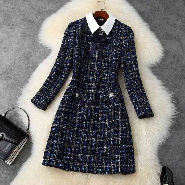 

casual dresses runway designers fashion turn down collar bowknot plaid tweed woolen dress autumn winter woman clothes vestidos ae2e, Black;gray