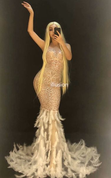 

see through mesh rhinestones dress women evening party birthday celebrate feather long net yarn dresses singer costumes, Black;red