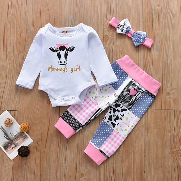 

clothing sets 3pcs born baby girls boys cotton cow letter print bodysuits +pants +headband autumn girl clothes3 6 12 months, White