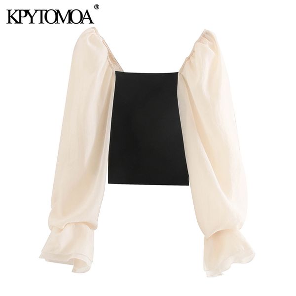 Kpytomoa Kadınlar Moda Patchwork Organze Kırpılmış Örme Bluzlar Vintage See Through See Streç Kadın Gömlek Chic Tops 210225