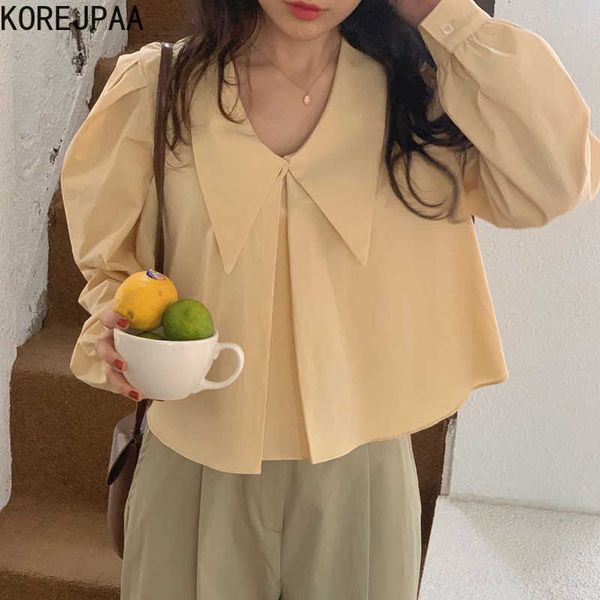 Korejpaa Frauen Hemd Sommer Korea Chic Damen Süße Alter-Reduzierung Spitze Kragen Plissee Design Lose Puff Sleeve Puppe Bluse 210526