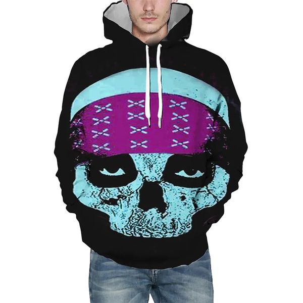 

halloween new skull pattern men's 3d printed hoodie visual impact party punk goth round neck sweatshirt hoodie, Black