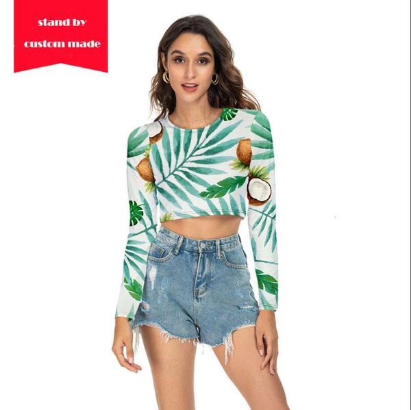 

3d digital printing casual open navel long sleeve t-shirt, White