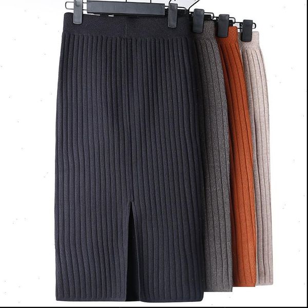 

high waist women knitted skirt spring autumn fashion rib skirt elegant midi female casual skirt elastic band women skirts, Black