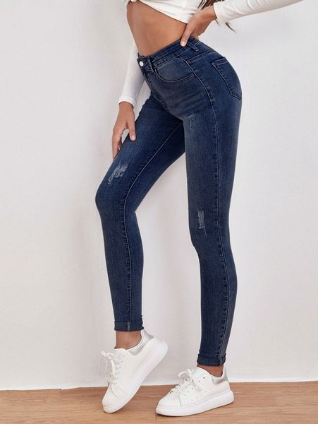 

high waist ripped detail skinny jeans 72nr#, Blue