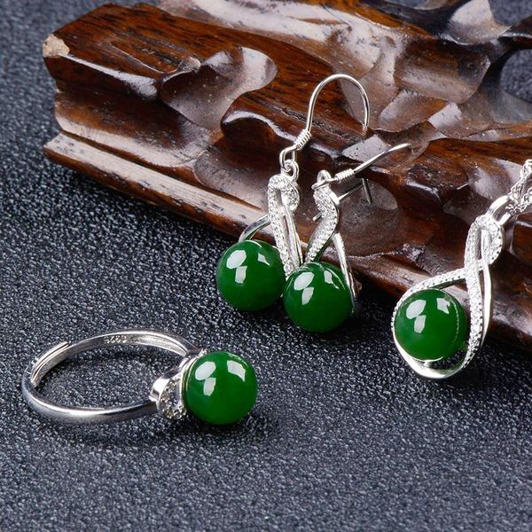 

natural jasper green jade pendant 8mm beads ring earring with 925 sterling silver set bracelet, earrings & necklace, Black