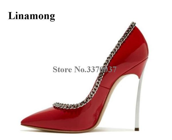 

dress shoes brand women fashion pointed toe metal stiletto heel chains decorated pumps patent leather red black high heels wedding