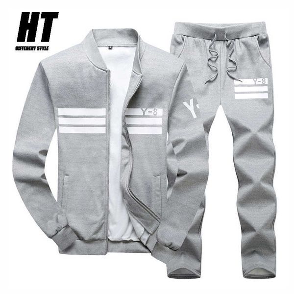 

spring autumn men's sportswear stripe letter print tracksuit men casual brand fashion sporting zipper jacket+pants 2 piece set 210603, Gray
