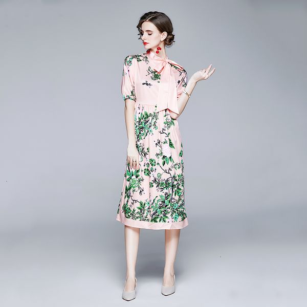 

2021 new merchall summer runway women bow tie collar sleeve chic print casual party midi vestidos 96jb 0maf uznr, Black;gray