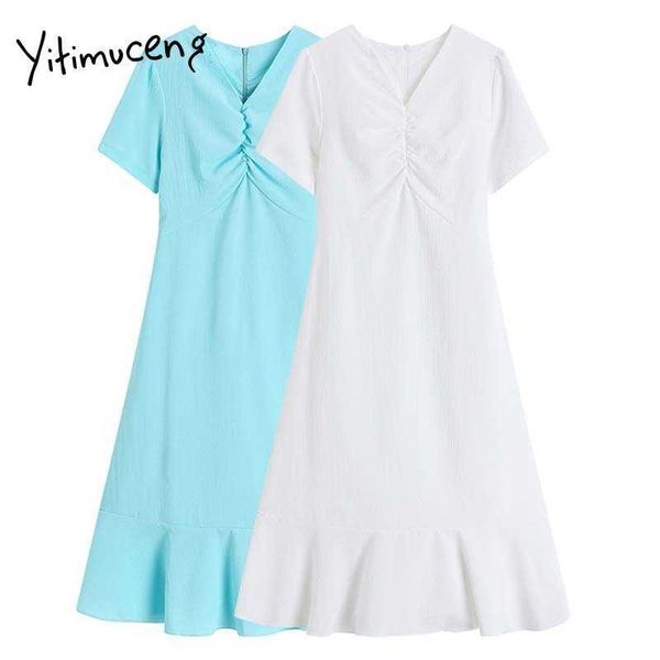 

yitimuceng ruffles dresses women summer ruched slim high waist a-line unicolor white green korean fashion sundress 210601, Black;gray