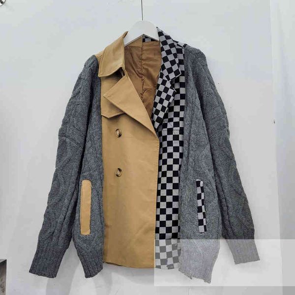 

women's jackets [ewq] overcoat plaid stitching trendy ladies jacket chic knitted clothing long-sleeved outerwear autumn winter n21h, Black;brown