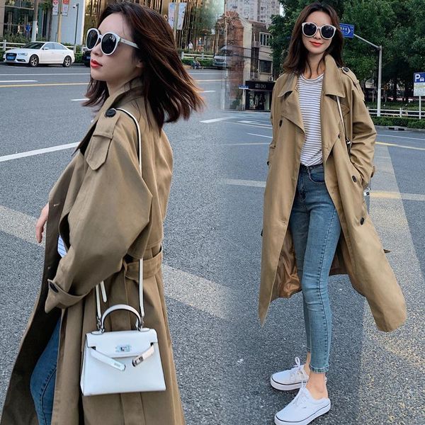 

women's trench coats khaki autumn winter 2021 mid-length lace-up slim coat windbreaker casual clothing, Tan;black