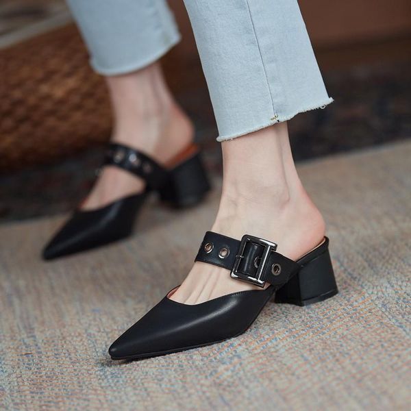 

mules shoes women genuine leather 2021 spring new pointed toe cowhide belt buckle chunky medium heels lady shallow sandals black
