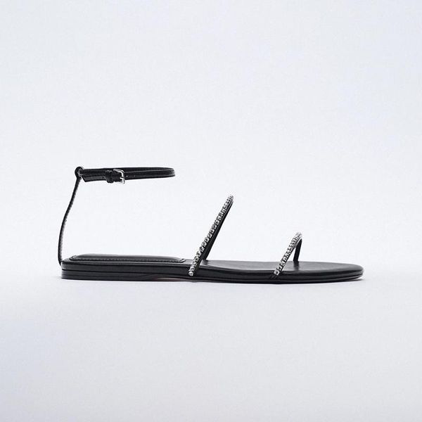 

sandals 2021 summer gladiator rhinestone thin belt flat ankle t-shaped comfortable flats sandalias black leather women's shoes