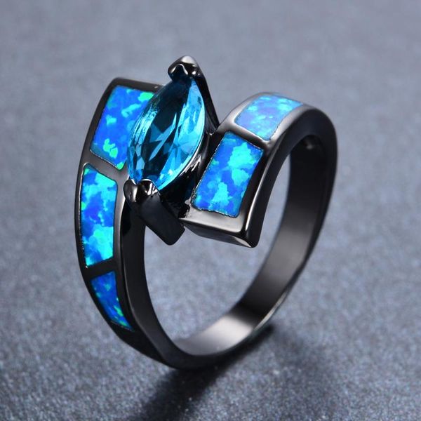 

wedding rings boho female blue fire opal ring vintage 14kt black gold cross for women promise unique love engagement, Slivery;golden