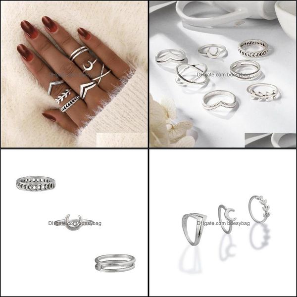 

cluster jewelrycluster rings fashionable european and american jewelry simple moon leaf ancient sier ladies ring set 7 piece for modern wome, Golden;silver