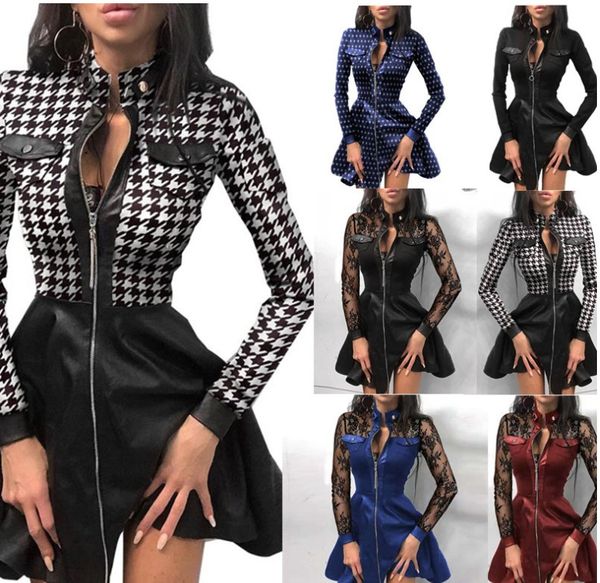 

2021 lace mesh long sleeve patchwork dress autumn zipper slim party dress fashion stand neck button pu leather dress mujer, Black;gray