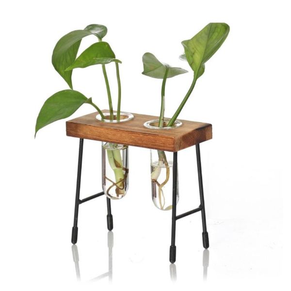 

creative glass clear tube shape bonsai flower vase plant pot hydroponic terrarium container holder with wood retro stand desk