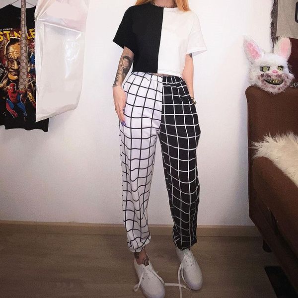 

sportpants summer contrast cargo pant for women t-shirt loose hight waist plaid jogging trousers sport pants elasticity, Black;white