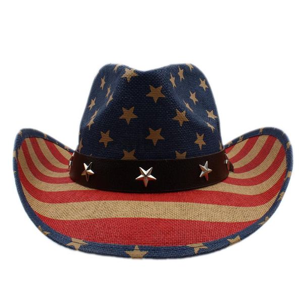

cloches summer women men hollow western cowboy hat gentleman cowgirl jazz equestrian cap dad sombrero beach sun american flag, Blue;gray
