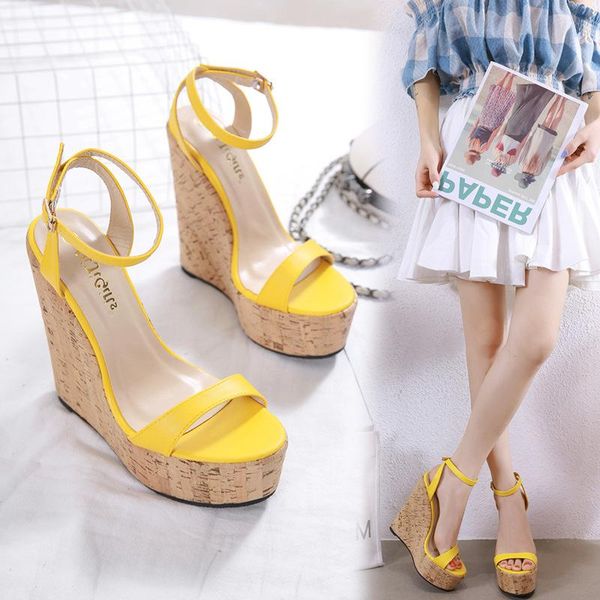 

sandals 2021 summer spring fruit color slope heel high one line buckle open toe dress women's, Black