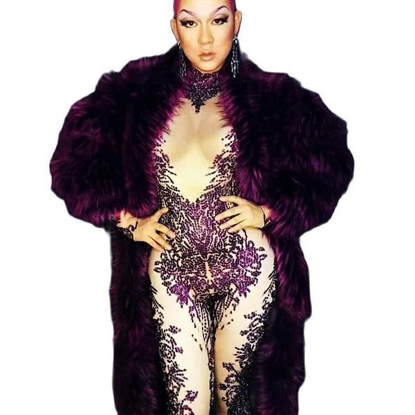 

stage wear personality performance costume backless pattern printing rhinestones jumpsuit women fur coat nightclub costumes dance, Black;red