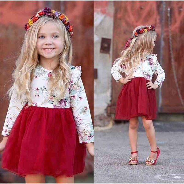 

dress girls autumn long sleeved floral puffy princess skirt, Red;yellow