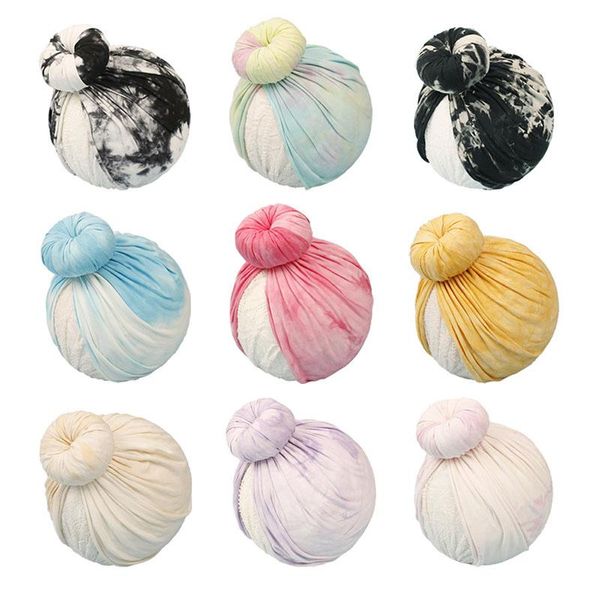 

baby donuts hat bohemia tie dye with big knot turban caps newborn infant india hats headband toddler headwrap, Yellow