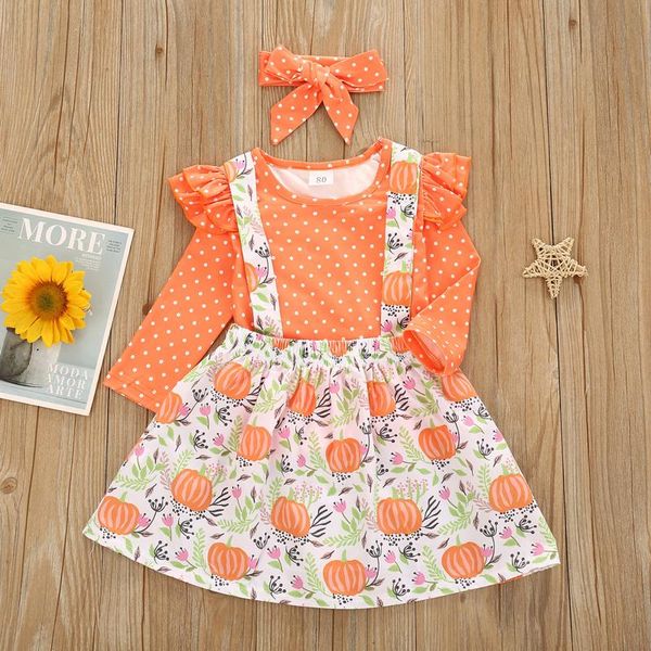 

clothing sets autumn winter baby girls dot print long sleeve +halloween pumpkin skirts+headband set children, White