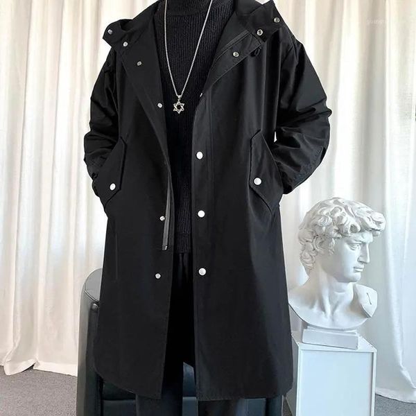

men's trench coats windbreaker long hooded coat plus size casual hip hop outwear streetwear autumn winter parker gabardina hombre, Tan;black