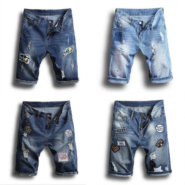 

denim shorts men's summer hole fashion patch denim shorts large size cotton men's straight knee length casual, Blue