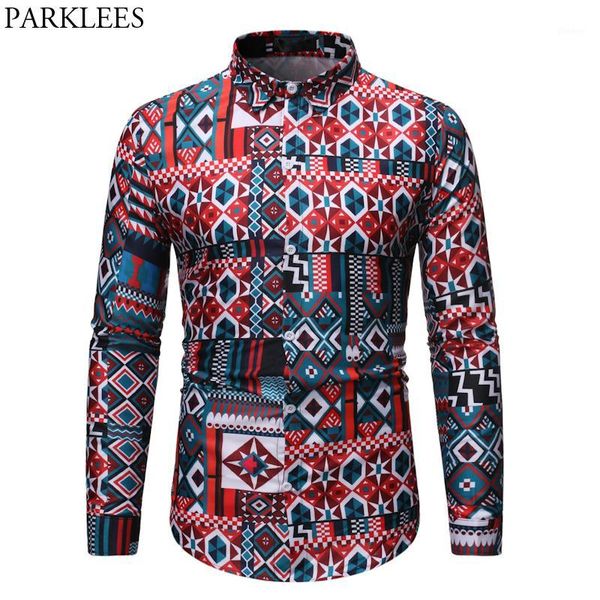 

fashion geometric print shirt male 2019 brand new slim fit long sleeve mens dress shirts folk-custom style shirt for men chemise1, White;black