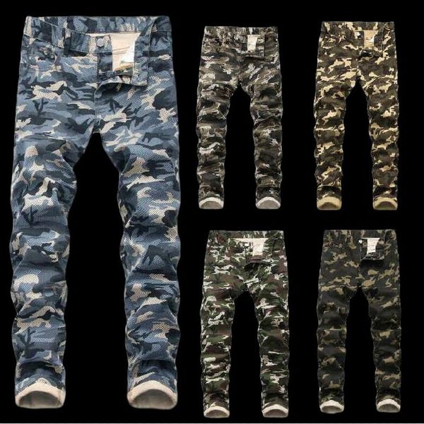 

printing straight slender men jeans camouflage slim fit stretch camo denim broek, Blue