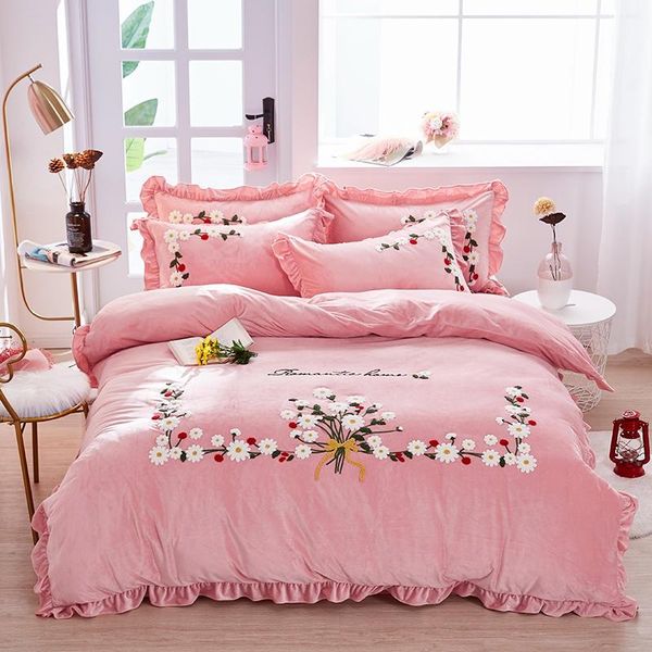 

bedding sets pink flowers towel embroidery fleece winter thick set duvet cover bed linen fitted sheet pillowcases home textiles