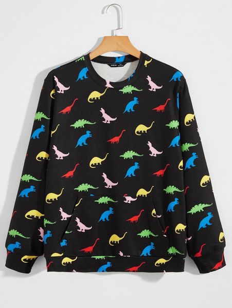 

men dinosaur print drop shoulder sweatshirt 29or#, Black