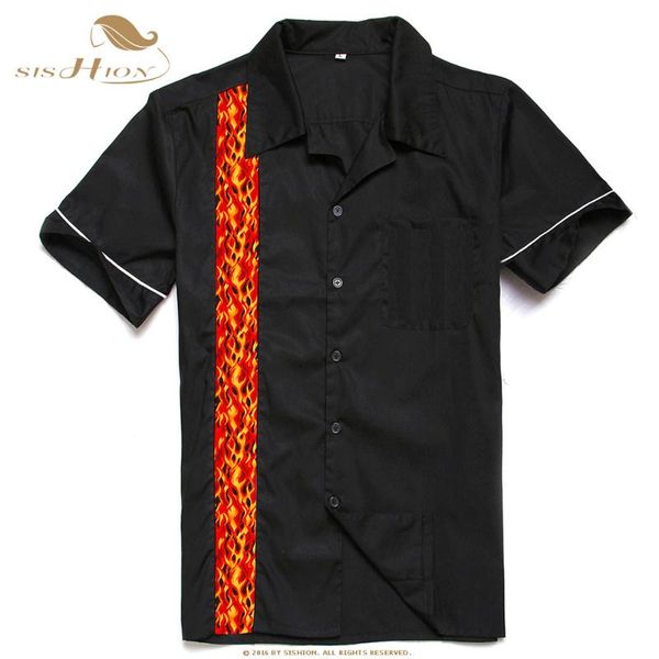 

men's casual shirts sishion summer cotton black men shirt st109 short sleeve rockabilly punk vintage bowling plus size mens, White;black